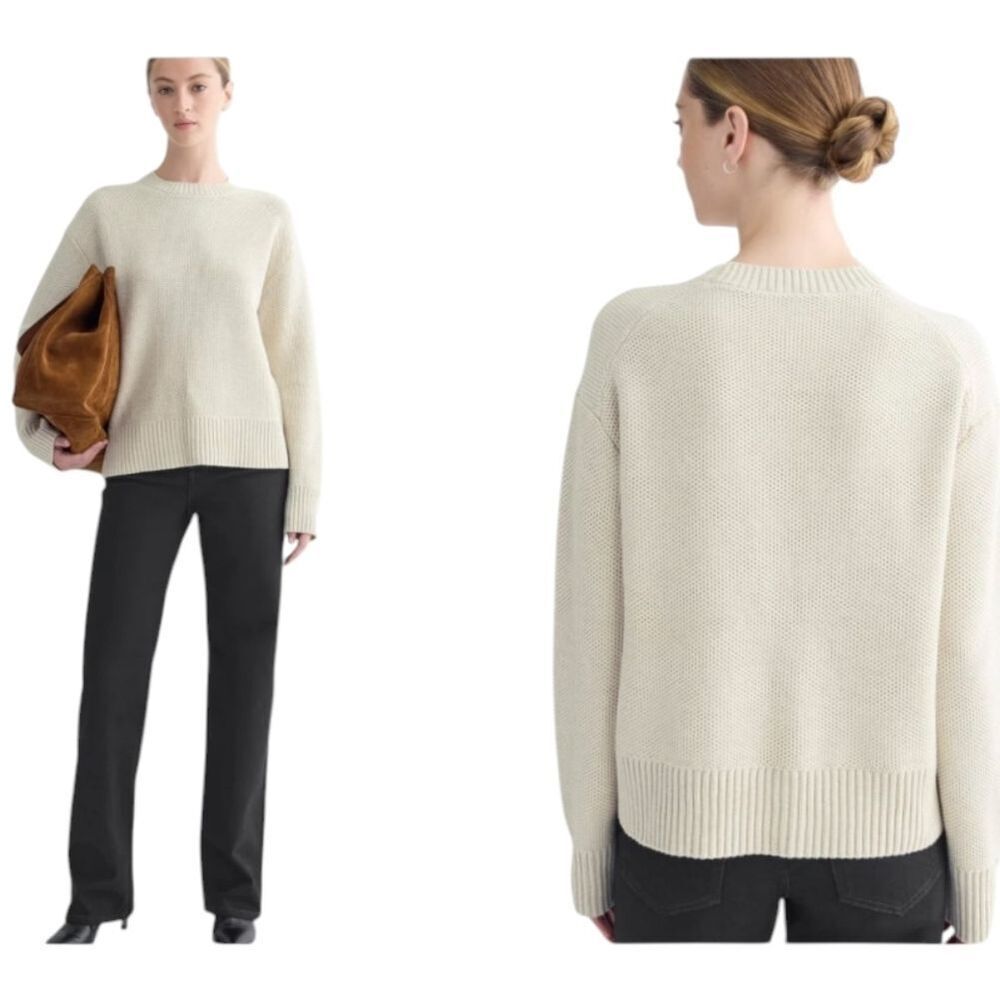 NWT Everlane The Cotton Honeycomb Square Crew Sweater Heathered Oat White XS